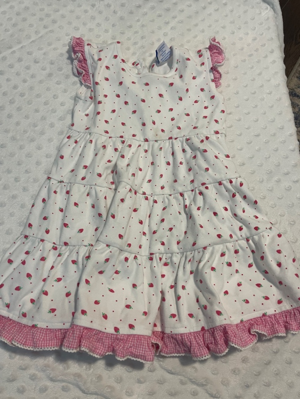 White Dress with Pink Strawberry Print and Pink Trim for Kids